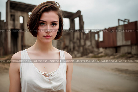 A young woman with dark brown hair against the background of the city ruins. Generative AI. Стоковое AI-изображение, AI-художник Mixail59 / Фотобанк Лори