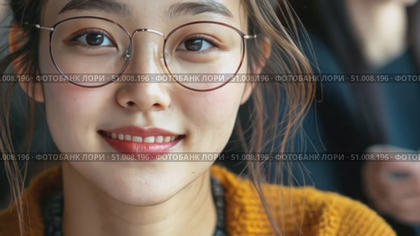 A young woman with glasses exhibits a cheerful expression, dressed in a cozy sweater, enjoying her time in a bustling cafe atmosphere. Стоковое AI-видео, аниматор Данила Большаков / Фотобанк Лори
