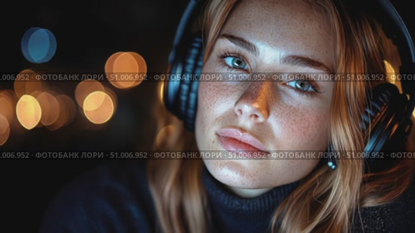 A young woman with striking freckles listens intently to music, surrounded by soft, glowing lights that create a cozy atmosphere. Стоковое AI-видео, аниматор Данила Большаков / Фотобанк Лори