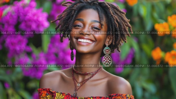 A young woman with stylish locs wears a colorful outfit and smiles amidst a stunning garden filled with bright flowers, radiating joy and beauty. Стоковое AI-видео, аниматор Данила Большаков / Фотобанк Лори
