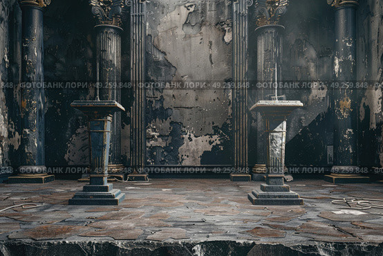 Aancient hall features tall, weathered pillars and chipped stone altars against cracked, deteriorating walls, giving a glimpse into a bygone era bathed in soft daylight. Стоковое AI-изображение, AI-художник Данила Большаков / Фотобанк Лори