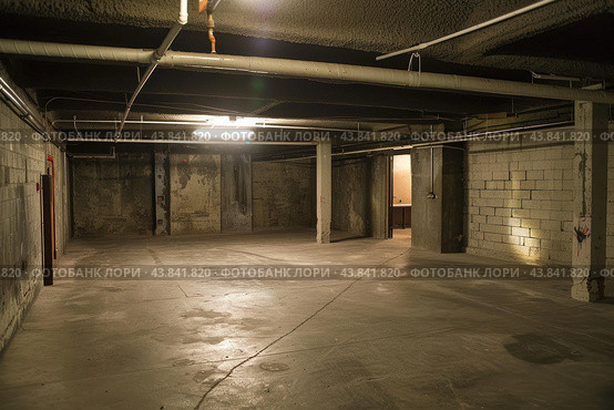Abandoned basement interior with dim lighting. Стоковое AI-изображение, AI-художник Иван Рябоконь / Фотобанк Лори