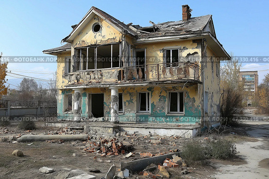 Abandoned building with peeling paint and structural damage in a desolate area. Заброшенное здание с облупившейся краской и повреждениями конструкций в пустынном районе. Стоковое AI-изображение, AI-художник Katsiaryna Repich / Фотобанк Лори