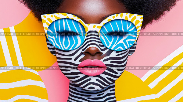 Abstract art portrait of dark-skinned woman with Afro hairstyle, bold zebra pattern on face and artistic glasses with blue and white stripes. Стоковое AI-изображение, AI-художник Данила Большаков / Фотобанк Лори