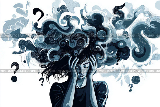 Abstract art reflects emotional turmoil and deep contemplation. На картине изображен человек, держащий голову в окружении клубящихся темно-синих и серых узоров. Картина символизирует внутренний хаос и эмоциональную борьбу, запечатлевая момент глубокой задумчивости. Стоковое AI-изображение, AI-художник Katsiaryna Repich / Фотобанк Лори