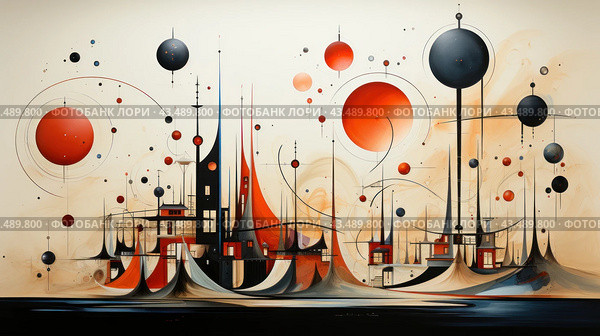 Abstract art with geometric shapes and lines. The center of the composition is dominated by large red and black circles that contrast with the cream colored background. Various fine lines and smaller circles create a sense of movement and dynamics. Below are shapes that resemble buildings with pointed roofs, giving the work a futuristic and sci-fi feel. Стоковое AI-изображение, AI-художник Анна Кривицкая / Фотобанк Лори