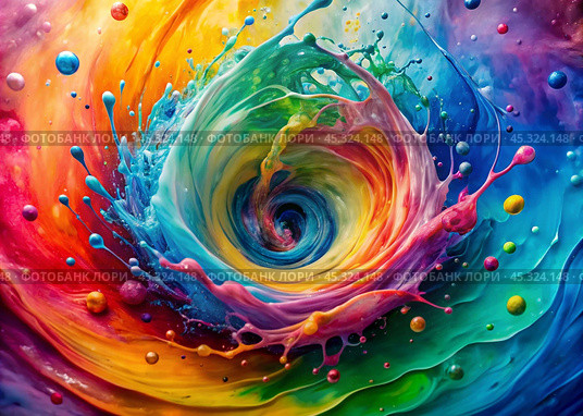 Abstract background. A bright colorful whirlpool of multicolored paints, splash, splash. Стоковое AI-изображение, AI-художник Photojuli / Фотобанк Лори
