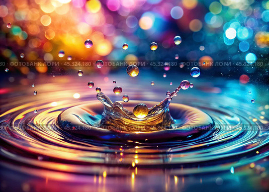 Abstract background. A bright colorful whirlpool of multicolored paints, splash, splash. Bubbles and drops of water. Стоковое AI-изображение, AI-художник Photojuli / Фотобанк Лори