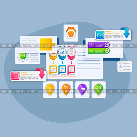 Abstract background with steps, parts, options, processes template. Graphical way of presenting information, data and knowledge. Banner with infographic editions. Business graphic, chart with icons. Abstract background with steps, parts, options, infographic template, way of presenting information. Стоковая иллюстрация, агентство Ingram Publishing / Фотобанк Лори