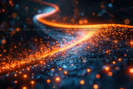 Abstract composition made in dark and bright shades. Orange and blue glowing dots create a sense of movement and dynamics, reminiscent of the flow of energy or glowing particles in space. Light lines curve and intersect, creating the illusion of space and depth. The picture is filled with a futuristic atmosphere and evokes associations with technology, science and energy. Стоковое AI-изображение, AI-художник Анна Кривицкая / Фотобанк Лори