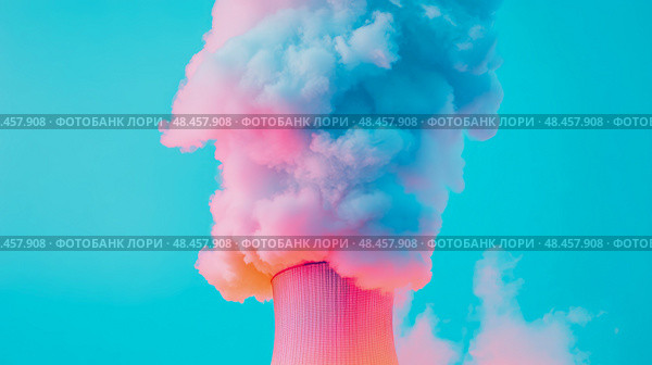 Abstract concept: Tower emitting smoke against a cyan backdrop. Стоковое AI-изображение, AI-художник Данила Большаков / Фотобанк Лори
