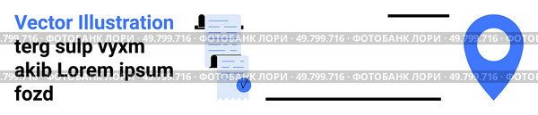 Abstract depiction of stacked documents alongside a blue location pin. Ideal for business, document management, navigation, tech presentations, educational materials, project planning, and landing. Abstract Documents with Location Pin - Navigational Map Concept for Business and Technology. Стоковая иллюстрация, агентство Ingram Publishing / Фотобанк Лори