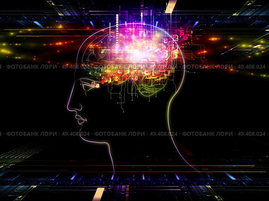 Abstract design made of head outlines, lights and abstract design elements on the subject of intelligence,  consciousness, logical thinking, mental processes and brain power. Стоковое фото, агентство Ingram Publishing / Фотобанк Лори