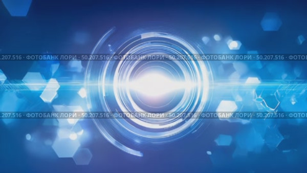 Abstract digital background featuring glowing circular patterns and hexagonal shapes in vibrant blue tones, creating a futuristic and high-tech atmosphere for design projects. Стоковое AI-видео, аниматор Ирина Ручушкина / Фотобанк Лори