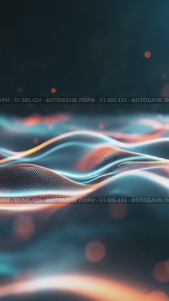 Abstract digital waves with glowing lines and particles. The scene features a blend of blue and orange colors, creating a dynamic and futuristic atmosphere. Стоковое AI-видео, аниматор Nart / Фотобанк Лори