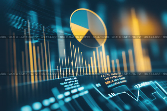 Abstract financial data display with blue and orange lines and graphs. Futuristic analytics dashboard with vibrant screen monitor. Data visualizations, advanced technology. Technical growth, progress. Стоковое AI-изображение, AI-художник Марина Демидюк / Фотобанк Лори