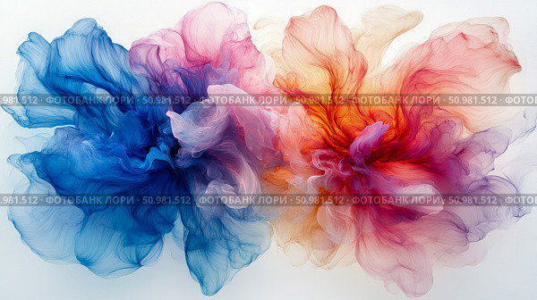 Abstract Floral Ink Swirl: A Symphony of Blue, Pink, and Orange Hues. Стоковое AI-изображение, AI-художник Данила Большаков / Фотобанк Лори
