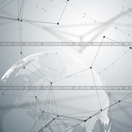 Abstract futuristic background with connecting lines and dots, polygonal linear texture. World globe on gray. Global network connections, geometric design, technology digital concept.. Abstract futuristic background with connecting lines and dots, polygonal linear texture. World globe on gray. Global network connections, geometric design, technology digital concept. Стоковая иллюстрация, агентство Ingram Publishing / Фотобанк Лори