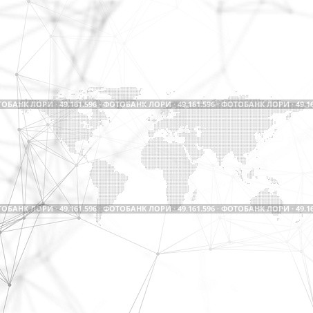 Abstract futuristic background with connecting lines and dots, polygonal linear texture. World map on white. Global network connections, geometric design, dig data technology digital concept.. Abstract futuristic background with connecting lines and dots, polygonal linear texture. World map on white. Global network connections, geometric design, dig data technology digital concept. Стоковая иллюстрация, агентство Ingram Publishing / Фотобанк Лори