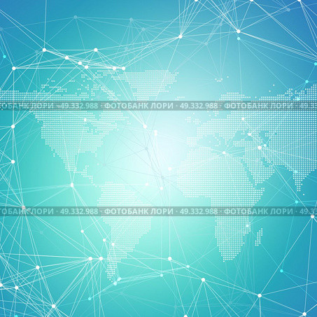 Abstract futuristic background with connecting lines and dots, polygonal linear texture. World map on blue. Global network connections, geometric design, technology digital concept.. Abstract futuristic background with connecting lines and dots, polygonal linear texture. World map on blue. Global network connections, geometric design, technology digital concept. Стоковая иллюстрация, агентство Ingram Publishing / Фотобанк Лори