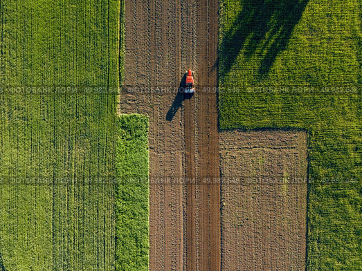 Abstract geometric forms of agricultural fields with different crops and soil without crop sowing, separated by road and tractor on it, in green and black colors with shadows from trees. A bird’s eye view from the drone.. Aerial view from the drone, a bird’s eye view of agricultural fields with a road through and a tractor on it in the spring evening at sunset in the summer. Стоковое фото, агентство Ingram Publishing / Фотобанк Лори