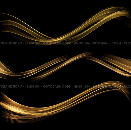 Abstract Gold smoke Waves. Shiny golden moving lines design element with glitter effect on dark background for gift, greeting card and disqount voucher. Awarding background. Abstract Gold Waves. Shiny golden moving lines design element with glitter effect on dark background for greeting card and disqount voucher. Стоковая иллюстрация, агентство Ingram Publishing / Фотобанк Лори