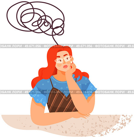 Abstract metaphor of problem solving or difficult situation. Woman sitting with tangled ball of thoughts in her head. Girl with chaos, mess in head is thinking. Psychotype, mental mindset type concept. Abstract metaphor of problem solving or difficult situation. Psychotype, mental mindset type concept. Стоковая иллюстрация, агентство Ingram Publishing / Фотобанк Лори