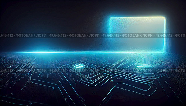 abstract motherboard and circuit background with blue neaon lights and copy space. abstract motherboard and circuit background. Стоковое фото, агентство Ingram Publishing / Фотобанк Лори