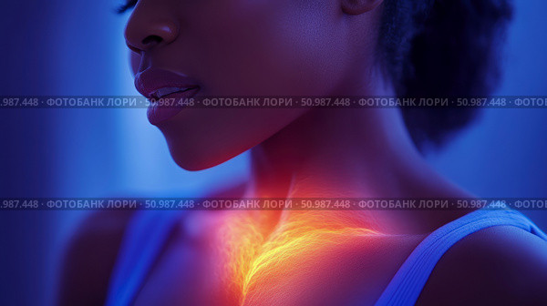Abstract representation of radiating discomfort or energetic flow around collarbone and upper chest of person, illuminated by vibrant red and orange glow against cool blue background. Стоковое AI-изображение, AI-художник Данила Большаков / Фотобанк Лори