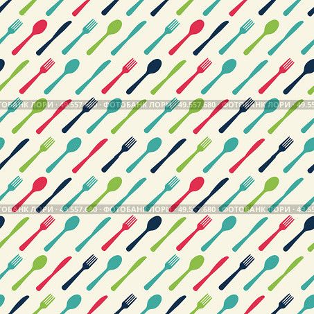 Abstract Seamless Pattern with tableware forks spoons and knives. Vector Illustration EPS10. Abstract Seamless Pattern with tableware forks spoons and knives. Vector Illustration. Стоковая иллюстрация, агентство Ingram Publishing / Фотобанк Лори