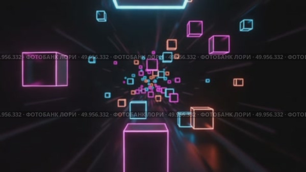 Abstract tunnel with glowing cubes in blue and pink colors. Стоковое AI-видео, аниматор KATERINA AI / Фотобанк Лори