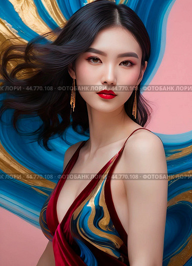 Abstraction portraits of beautiful girls with a variety of hairstyles in combination with a three-color color scheme, red, blue and gold colors, liquid minimalism, merging with the background.Unique illustrations for beauty salons, hairdressers, fashion magazines and more.,Абстракция портреты красивых девушек с разнообразными прическами в комбинации с трехцветной цветовой гаммой,красно, сине золотистые цвета,жидкий минимализм,слияние с задним фоном.Уникальные иллюстрации для салонов красоты,парикмахерских,журналов моды и не только. Стоковое AI-изображение, AI-художник Миронов Павел / Фотобанк Лори
