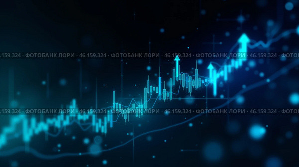 Абстрактный график фондового рынка с синими свечами, размытый фон. Стоковое AI-изображение, AI-художник Anna Leeva / Фотобанк Лори