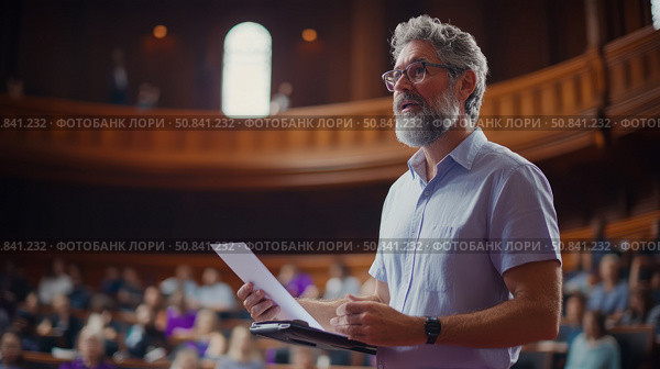 Academic Presentation: Grey Haired Man Lecturing to an Audience in a Classic Auditorium Setting. Стоковое AI-изображение, AI-художник Данила Большаков / Фотобанк Лори
