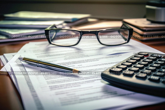 Accountant reviewing financial documents with calculator and eyeglasses. Стоковое AI-изображение, AI-художник Иван Рябоконь / Фотобанк Лори