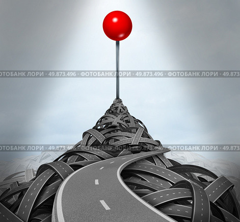 Achieving your goals and following the difficult challenging path to success with a mountain of tangled roads and highways leading to the top with a location red pushpin as a symbol of determination. Стоковое фото, агентство Ingram Publishing / Фотобанк Лори