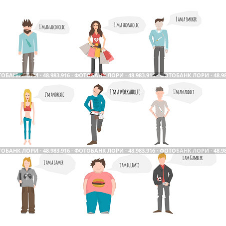 Addict people characters in support group with smoker alcoholic gambler members isolated vector illustration. Стоковая иллюстрация, агентство Ingram Publishing / Фотобанк Лори