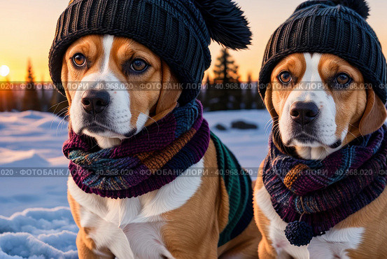 Adorable beagle dog posing outdoors sitting on a snow wearing an dark knitted scarf and hat in winter, early evening . Generative AI. Стоковое AI-изображение, AI-художник Sergey Grishin / Фотобанк Лори