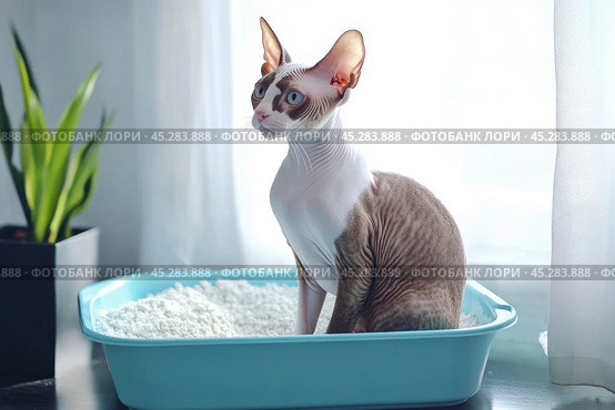 Adorable grey cat Devon Rex sitting inside a litter box. Pet care. Domestic Cat looking at litterbox in a living room. Hygiene for pets. Feline wants to go to the toilet. Accustoming to the toilet. Стоковое AI-изображение, AI-художник Марина Демидюк / Фотобанк Лори