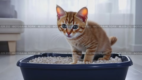 Adorable grey tabby kitten sitting inside a litter box. Pet care. Domestic striped Cat cat have to pee at litterbox in living room. Pets Hygiene. Feline to go to the toilet. Accustoming to the toilet. Стоковое AI-видео, аниматор Марина Демидюк / Фотобанк Лори