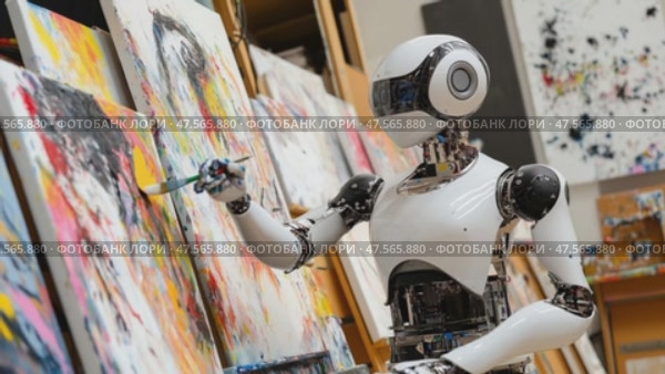 Advanced humanoid robot painting on canvas in art studio. Стоковое AI-видео, аниматор Юрий Поздников / Фотобанк Лори
