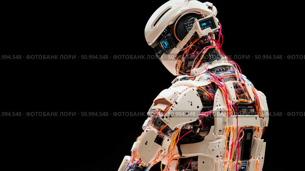 Advanced humanoid robot showcasing intricate internal wiring and mechanical components against a black background. Стоковое AI-изображение, AI-художник Данила Большаков / Фотобанк Лори