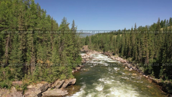 Aerial hyperlapse drone video of Altai river Chulyshman. Copter moves along river over water among coastal rocks. Стоковое видео, видеограф Сергей Пристяжнюк (Serg Zastavkin) / Фотобанк Лори
