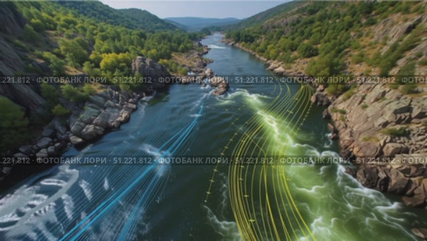Aerial view capturing river dynamics through data visualization, flowing across rocky terrain and verdant forest landscape. Стоковое AI-видео, аниматор Юрий Поздников / Фотобанк Лори