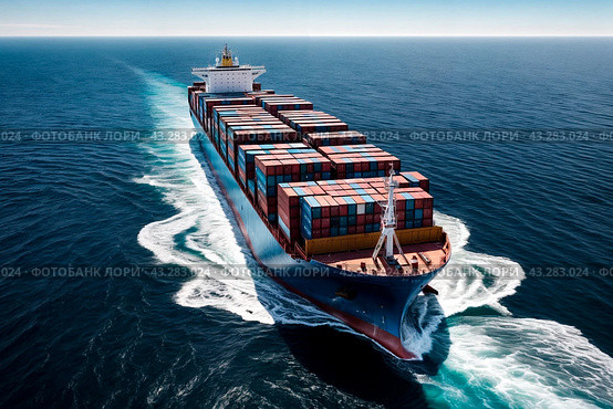 Aerial view of container ship sailing in open sea/ocean on skyline, daytime. Export freight transportation by container ship. Cargo shipping business logistics import concept. Copy ad text space. Стоковое AI-изображение, AI-художник Aleksandr Golubev / Фотобанк Лори
