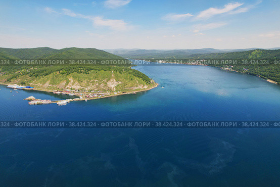 Aerial view of the port of Baikal and the source of the Angara River. Lake Baikal in summer. Стоковое фото, фотограф Виктория Тельминова / Фотобанк Лори