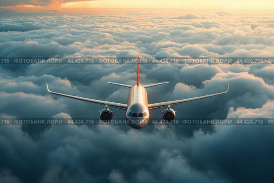 Aerodynamic Airplane flies clouds transport. Generate Ai. Стоковое AI-изображение, AI-художник Иван Рябоконь / Фотобанк Лори
