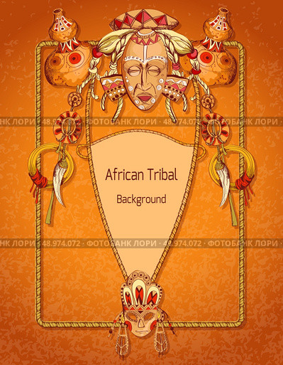 African sketch colored background with tribal mask amulets and religion symbols vector illustration. Стоковая иллюстрация, агентство Ingram Publishing / Фотобанк Лори