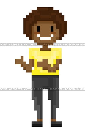 Afro American personage vector, isolated pixel character with smile on face, woman wearing tshirt and trousers, fashionable person gesturing 8 bit game. Smiling Afro American Pixel Game Character Vector. Стоковая иллюстрация, агентство Ingram Publishing / Фотобанк Лори