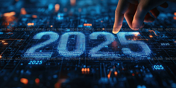Against the background of a dark techno landscape with flashing lights and wires, a human brush presses a holographic image of the numbers 2025. Their radiance is like a portal to another dimension, to a digital world where everything is possible. Стоковое AI-изображение, AI-художник Ярославский Максим / Фотобанк Лори